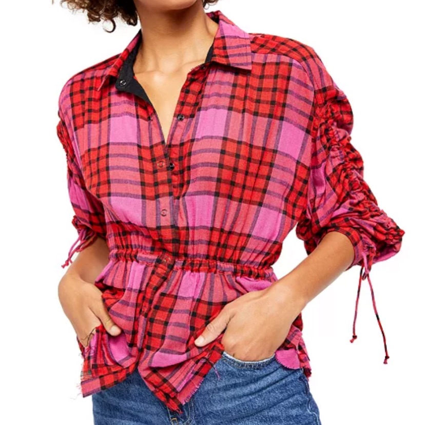 Nwt We The Free Pacific Dawn Red Pink Combo Plaid Raw Hem Button Down Shirt Xs